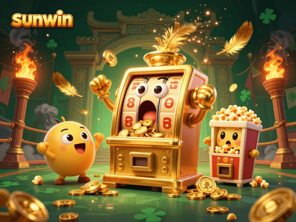 Spin the reels at sunwin with golden slot machines celebrating a jackpot event amidst swirling coins and vibrant energy.