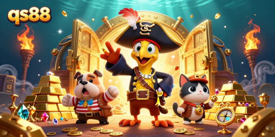 Experience thrilling wins at qs88 with a vibrant, dynamic pirate-themed casino scene.