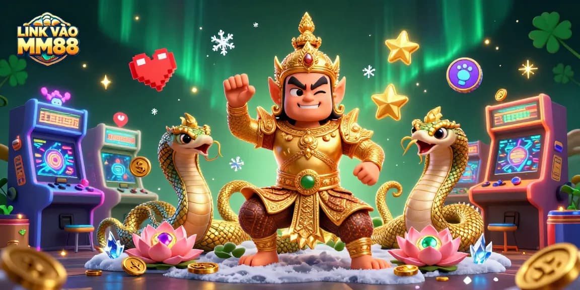 Play exciting games at LINK VÀO MM88, featuring a majestic guardian and glowing casino elements.