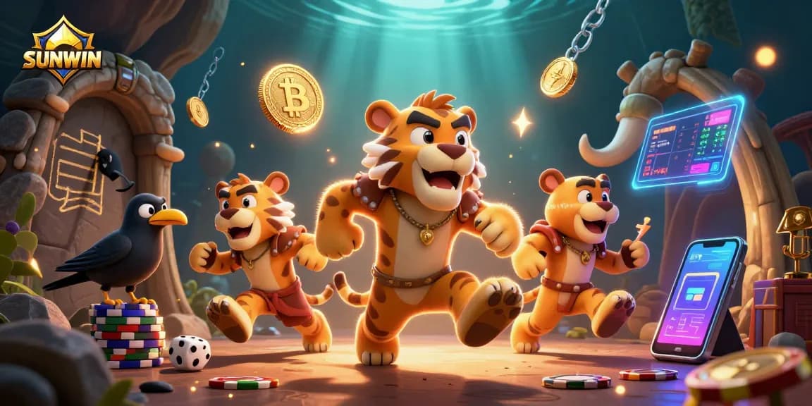SUNWIN immerses players in an exciting casino atmosphere featuring 3D cartoon characters engaging with neon elements and vibrant game symbols.