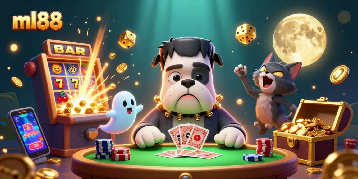Experience thrilling gameplay at ml88 with a lively cartoon scene of a Frankenstein bulldog dealer and animated casino elements.