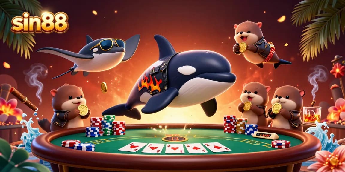 Experience the thrill of sin88 with a dynamic 3D casino scene featuring an orca and otters.