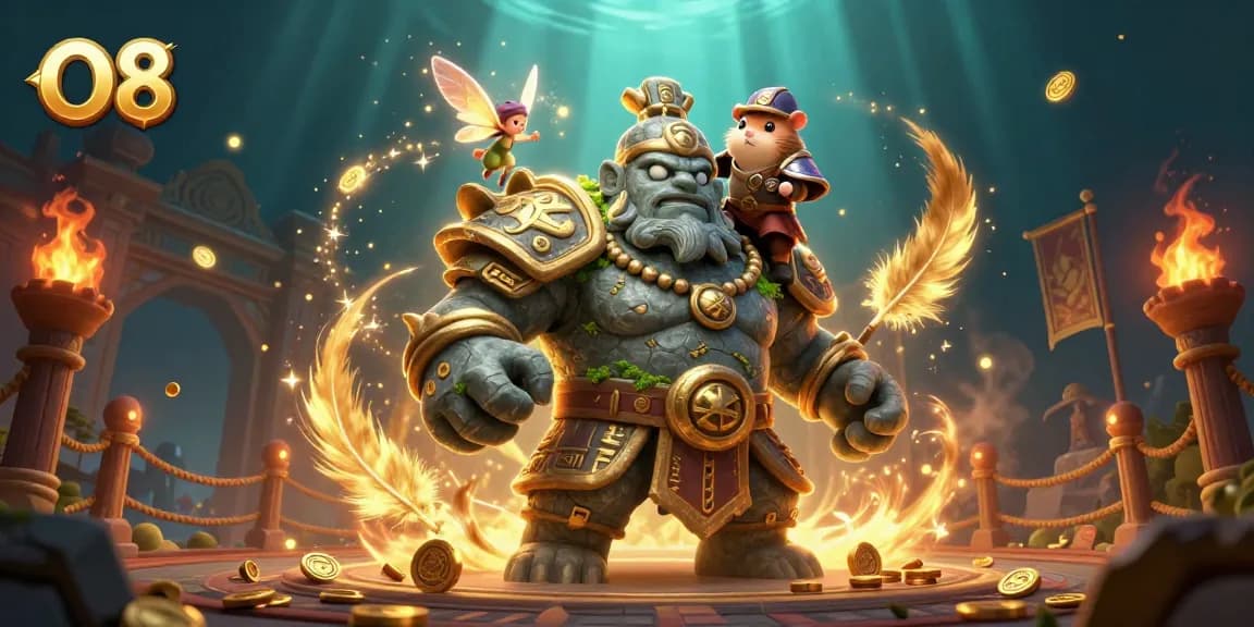 Experience exhilarating gaming with O8 as a magical stone golem faces off in a vibrant casino-themed arena.