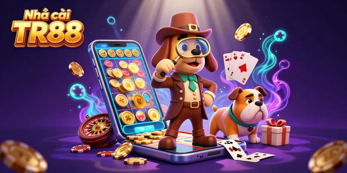 Engage in thrilling gameplay with Nhà cái TR88, as a detective uncovers poker chip treasures amidst vibrant casino elements.