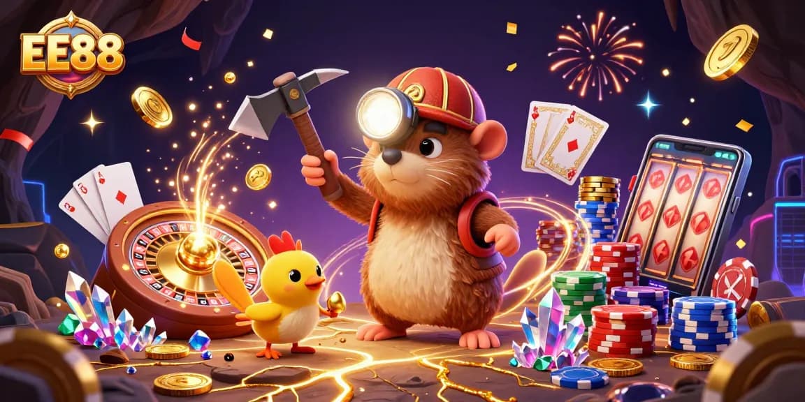 Engage in thrilling gameplay at EE88, highlighted by cascading coins and vibrant poker chips.