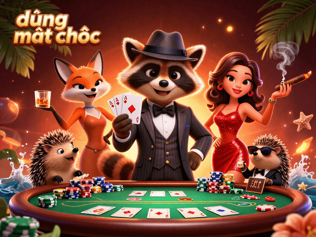Experience the excitement of đường mạt chược with animated characters enjoying poker in a vibrant casino setting.