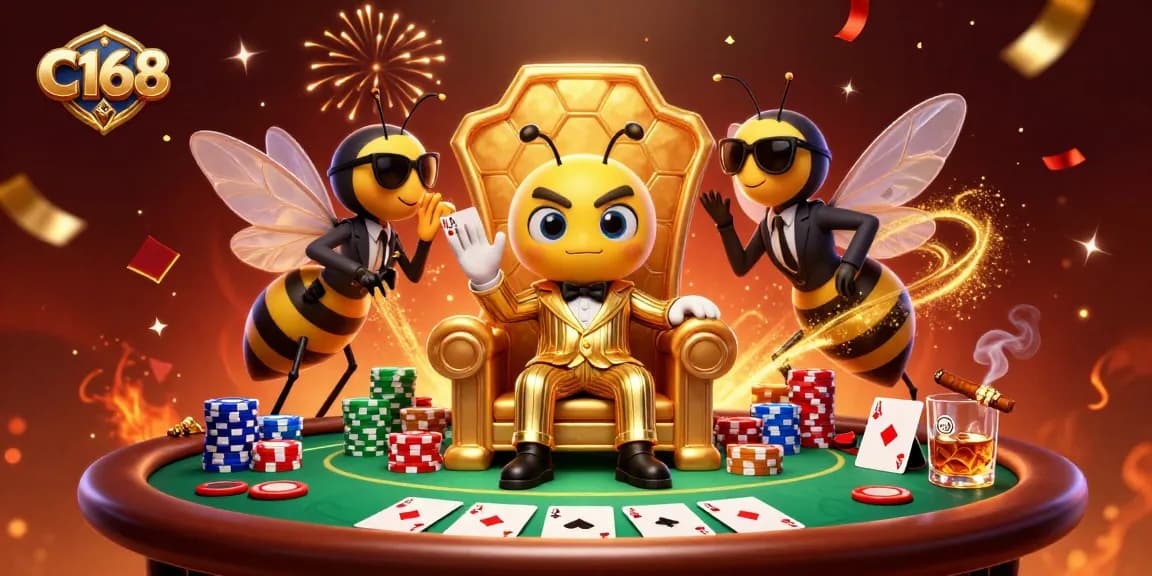 Experience the thrill of C168 with a bumblebee mob boss in a vibrant gaming scene filled with poker elements.