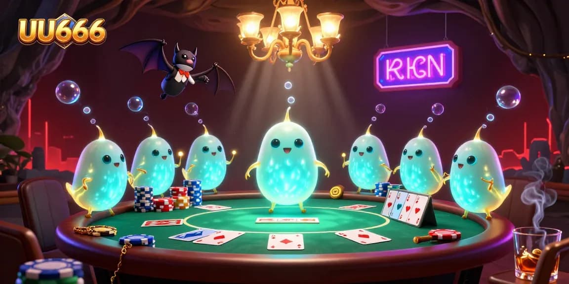 Win big with UU666 in a vibrant casino scene lit by glowworms and a bat dealer.