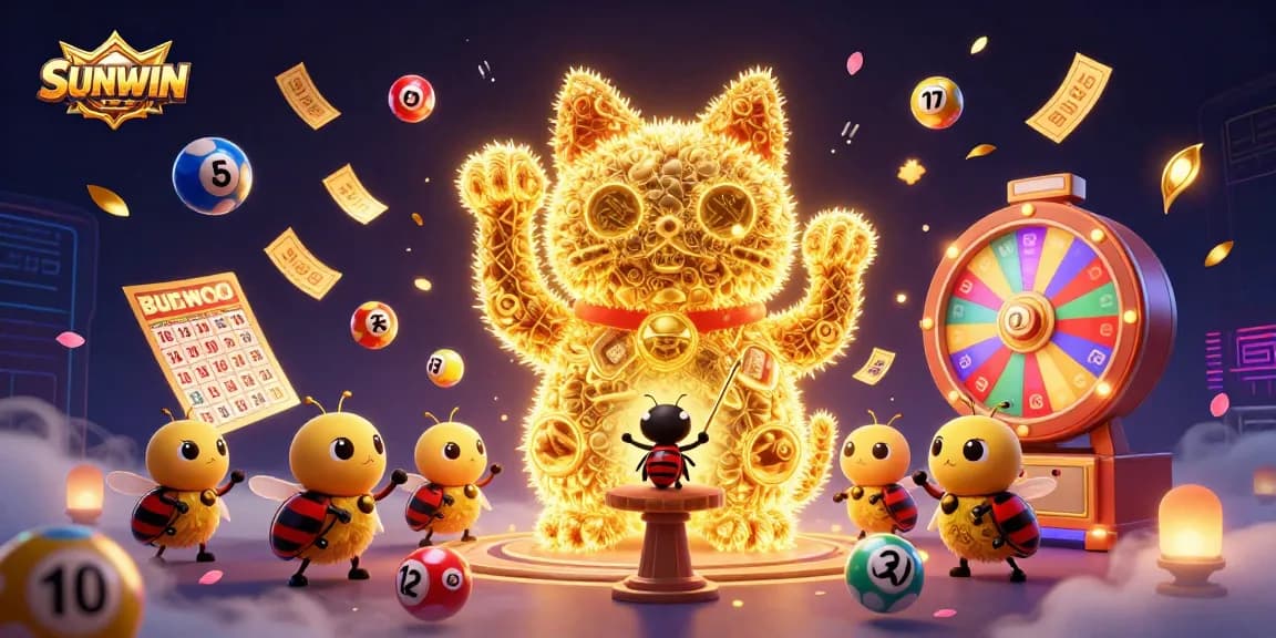 SUNWIN's vibrant lucky cat shaped by fireflies celebrating winnings with balloons and a prize wheel in a colorful casino scene.