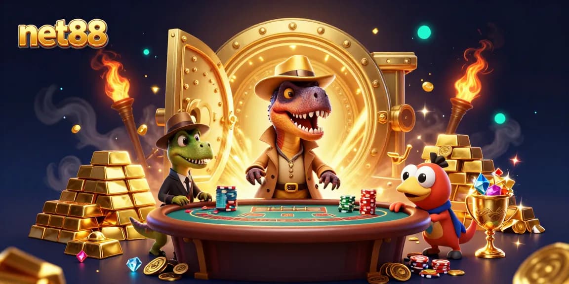 net88 gambling scene with a velociraptor card counter, gold treasures, and vibrant lights