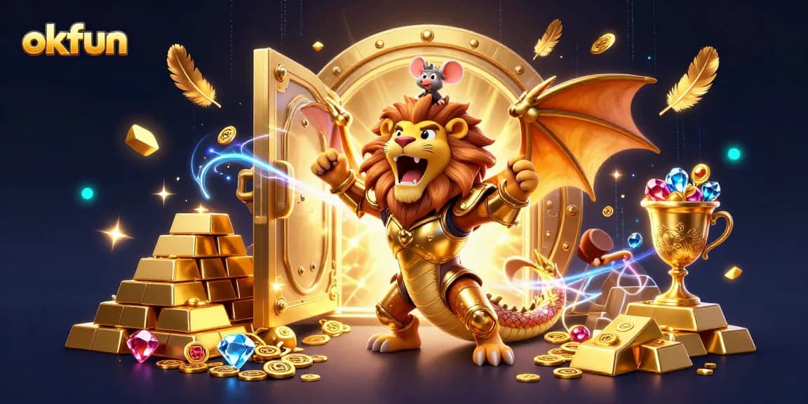 Experience thrilling wins with okfun's vibrant casino artwork showcasing a chimera and treasures.