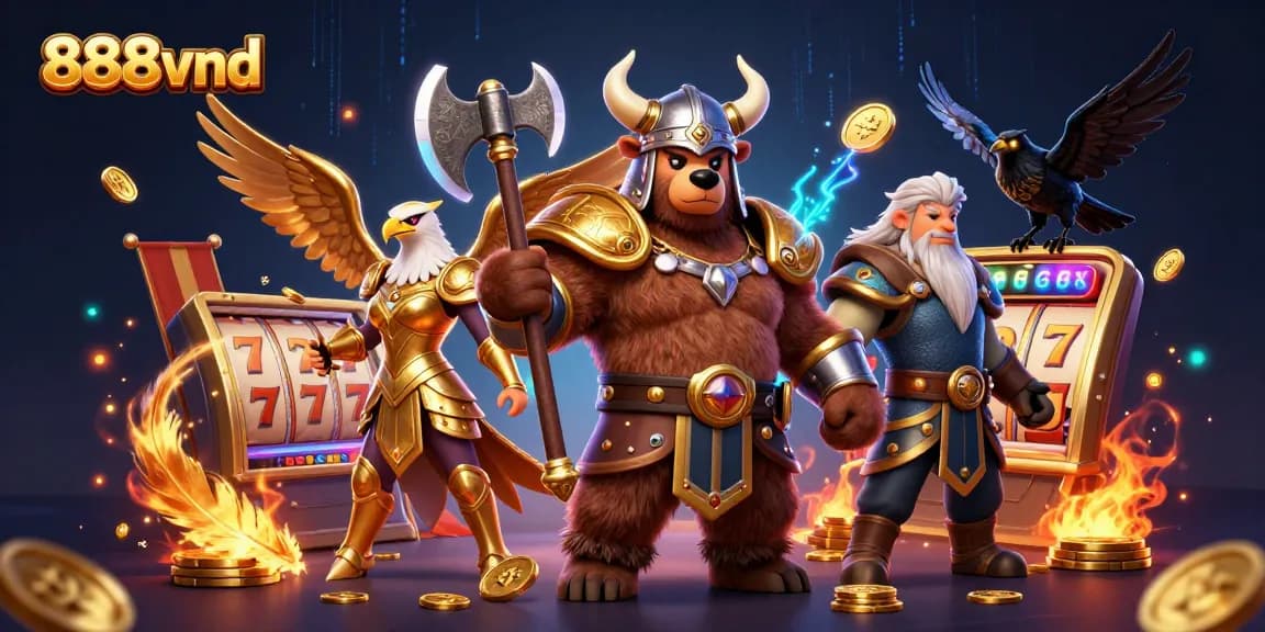 Engage in vibrant 888vnd casino gaming action with Viking bear and eagle characters.