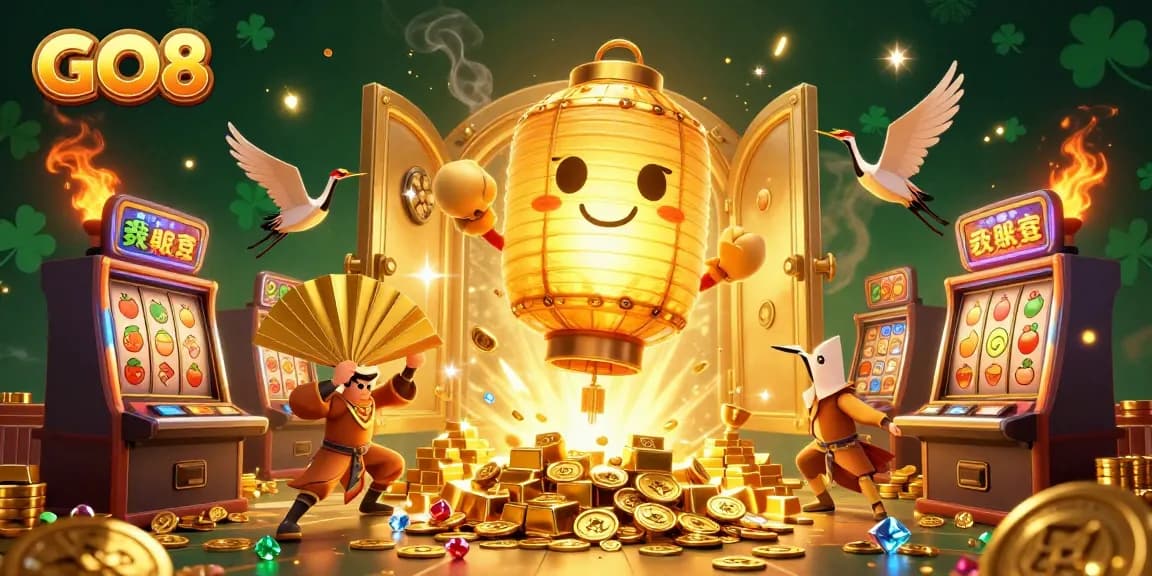 Experience thrilling gameplay at GO8, featuring a golden lantern spirit and exciting slot games.