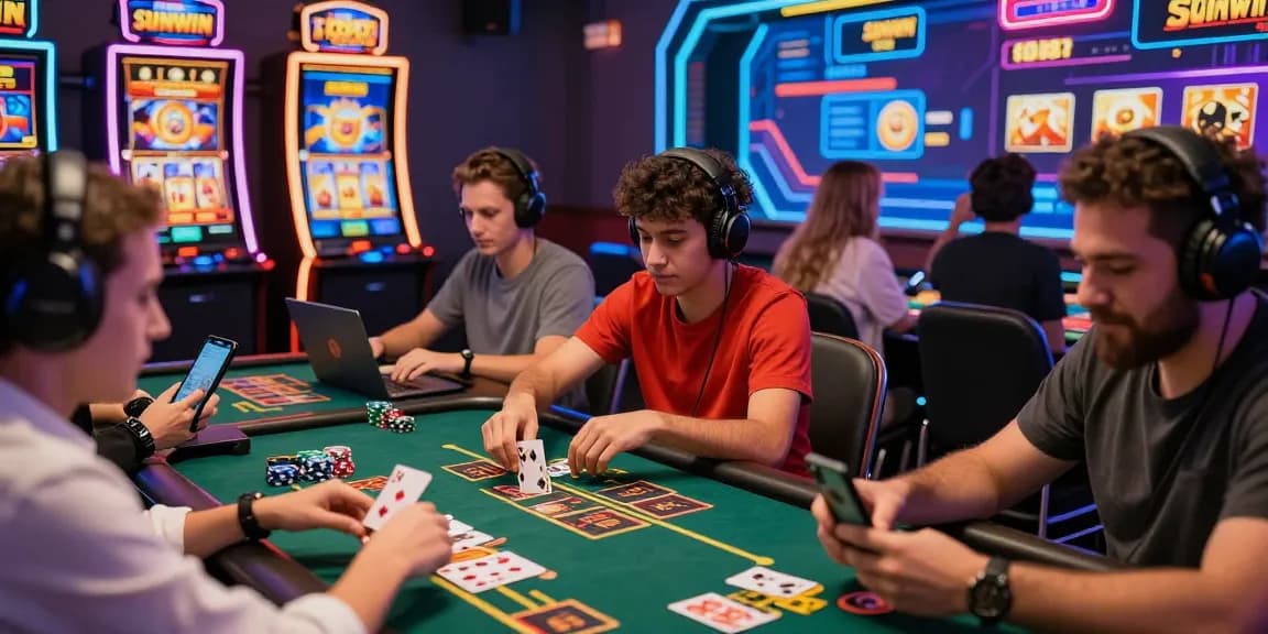 Players enjoying Sunwin casino games via mobile devices in a vibrant and dynamic online setting.