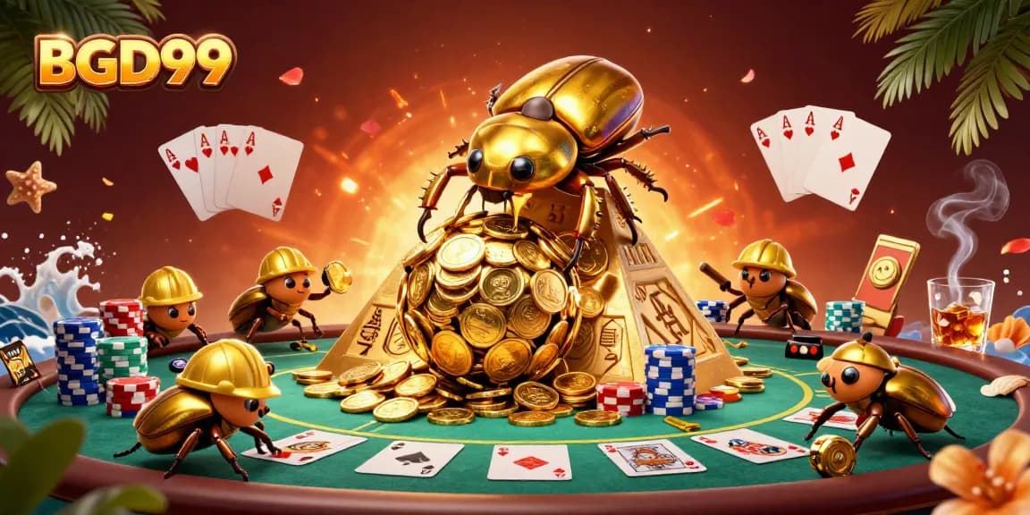 Engage with BGD99's thrilling atmosphere in a dynamic casino scene featuring golden beetles and poker elements.