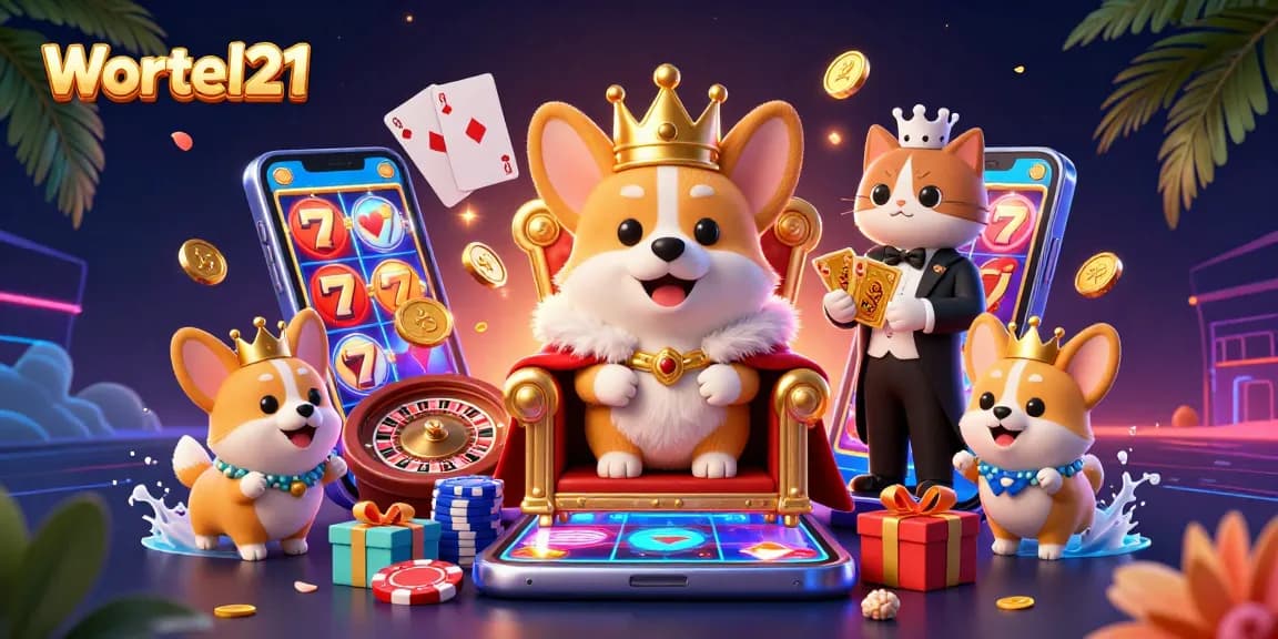 Wortel21 plays vibrant slot games with animated corgis in a colorful casino scene.