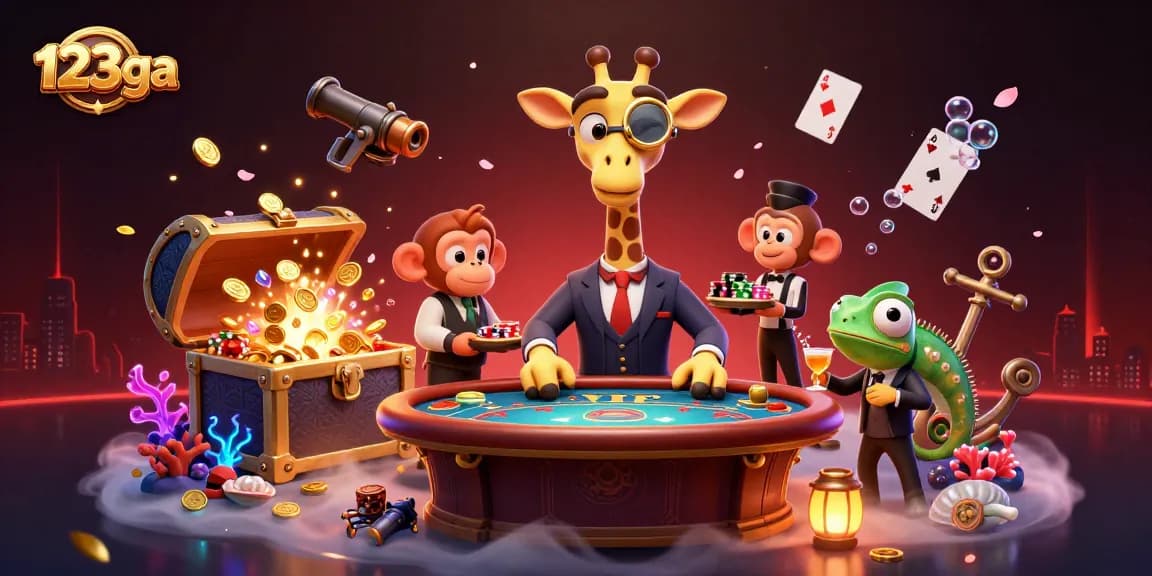 Experience the excitement of 123ga with a high-roller giraffe at a VIP poker table, surrounded by vibrant casino elements.