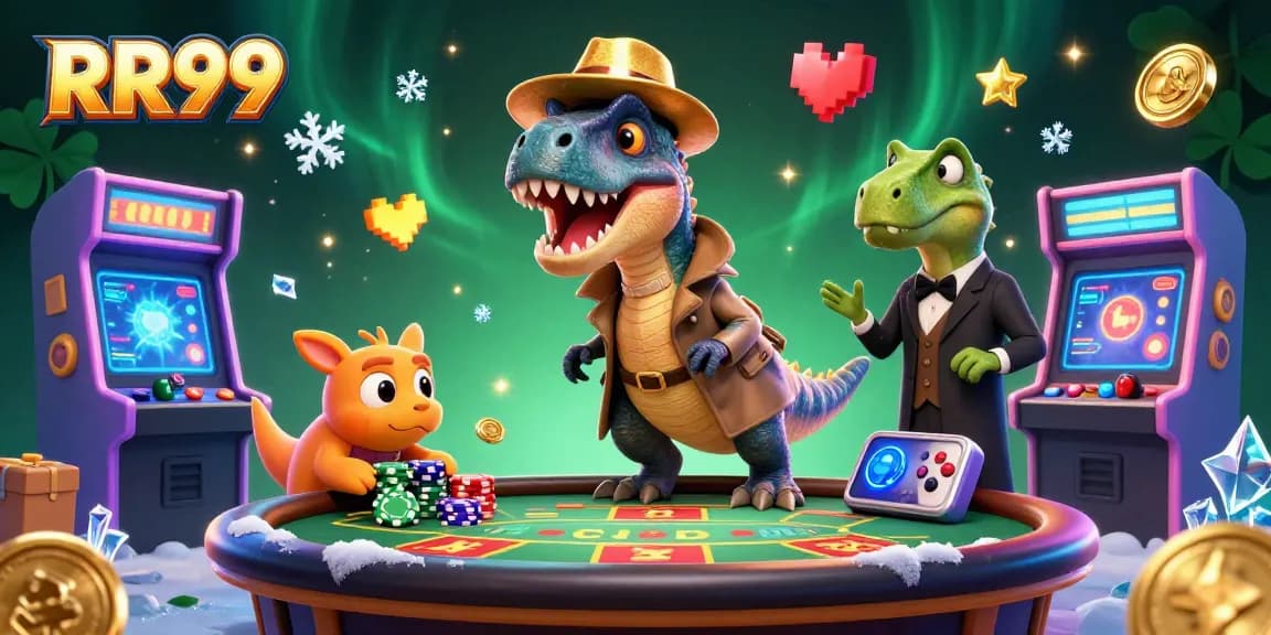 RR99 scene featuring a velociraptor card counter and stegosaurus pit boss at a vibrant blackjack table.