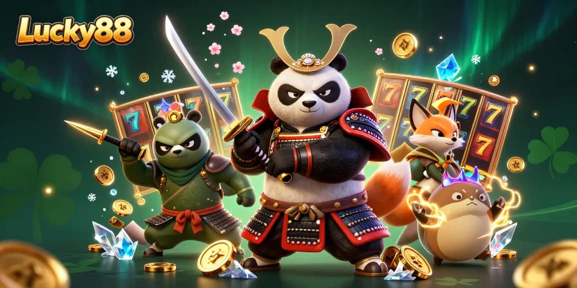Experience excitement with the Lucky88 samurai panda drawing a katana in this vibrant casino scene.