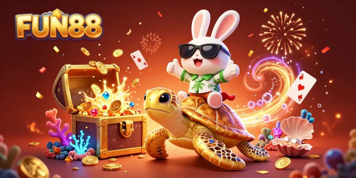 Engage with FUN88's thrilling underwater casino world featuring a lucky rabbit, golden turtle, and treasure!