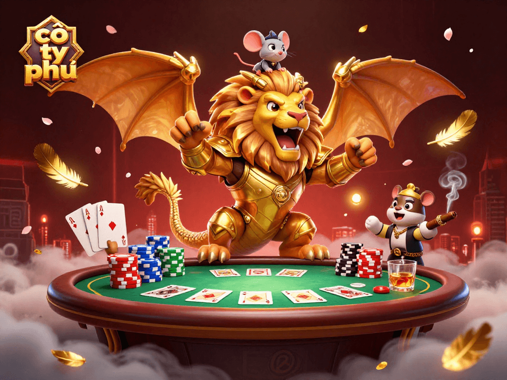 Cờ tỷ phú showcases a vibrant casino scene with golden chimera and mouse jockey dominating a poker table