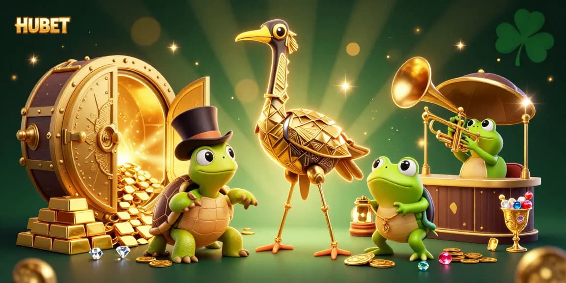 Engage with HUBET's thrilling casino experience featuring vibrant characters in a rich 3D scene.
