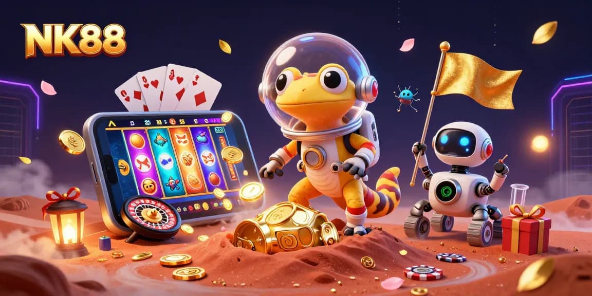 NK88 Martian gecko exploring a vibrant casino with animated slot games and gold coins