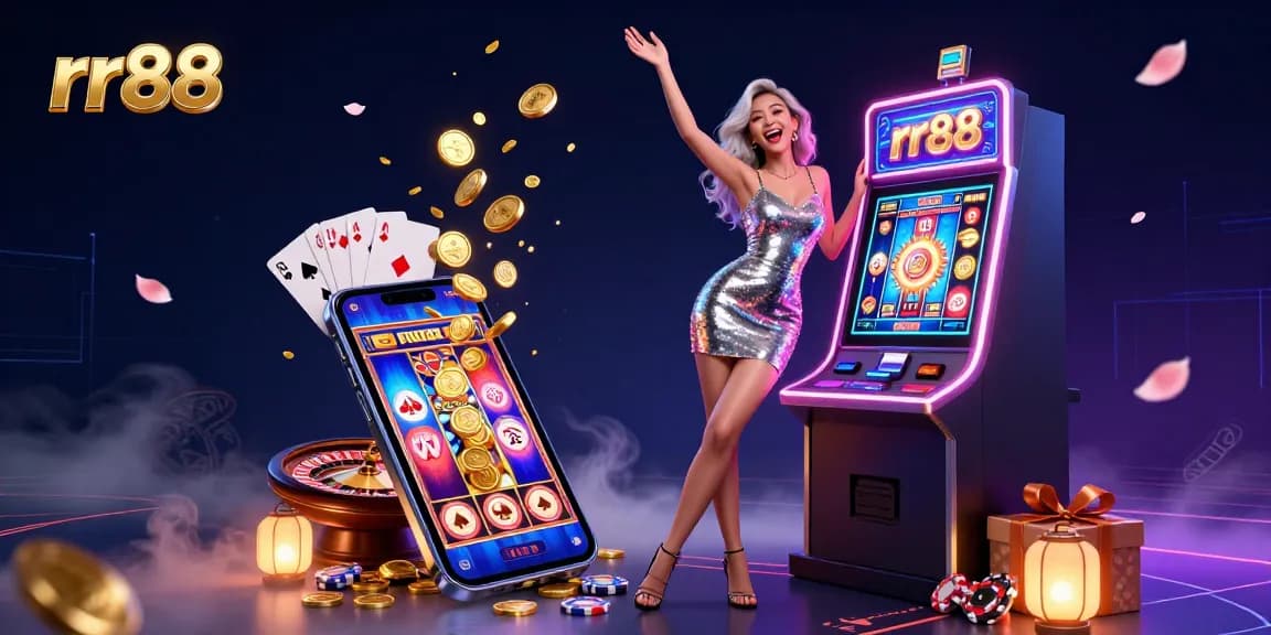 Spin the reels at rr88 casino with stunning visuals, neon lights, and golden coins erupting in a vibrant atmosphere.