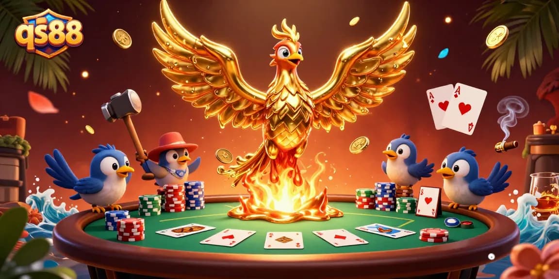 Engage in poker excitement with qs88, featuring a golden phoenix and poker elements.
