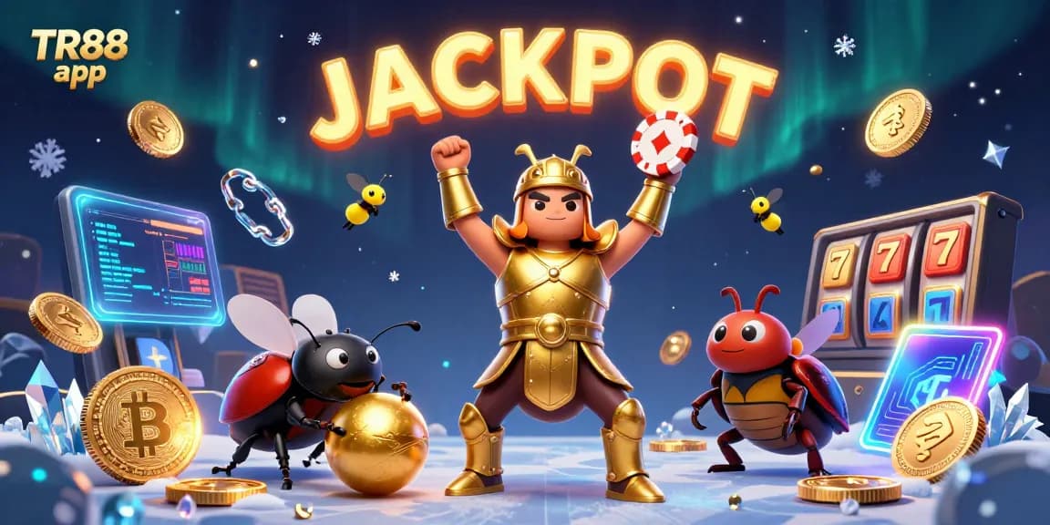 Engage with the TR88 app, featuring a victorious beetle and golden symbols in a thrilling gaming scene.
