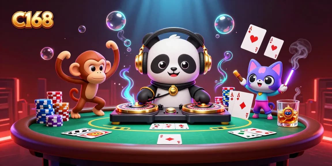 C168 showcases a vibrant scene with a DJ panda and gaming elements celebrating online casino excitement.