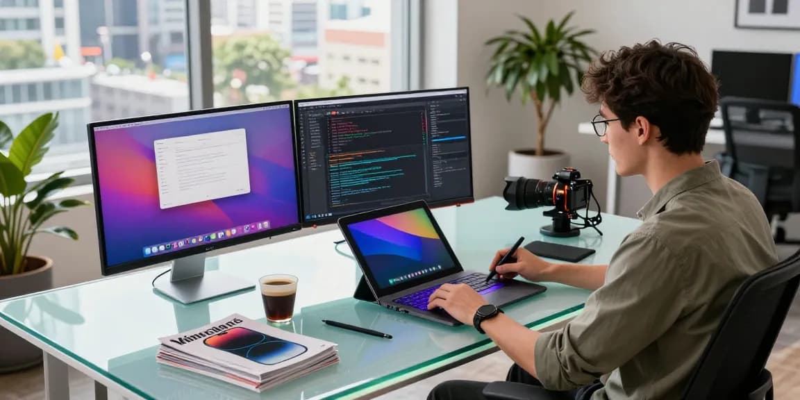 M5 MacBook Air showcased in a vibrant tech workspace with multiple monitors and creative design tools.