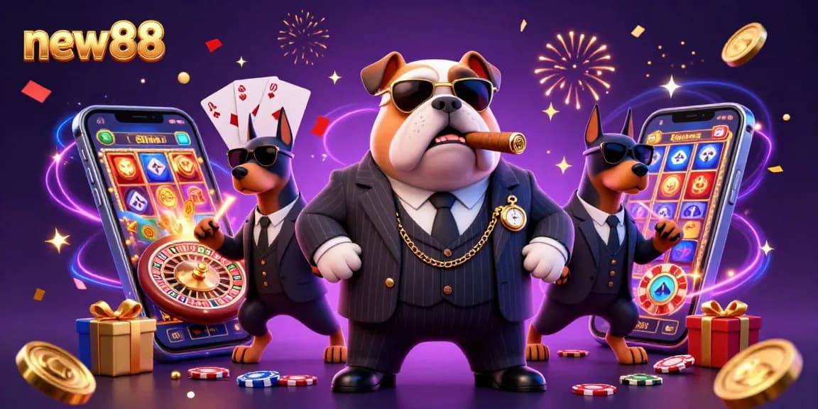 Experience the thrill of new88 with a vibrant casino scene featuring a bulldog mafia boss, exciting slot games, and celebratory confetti.