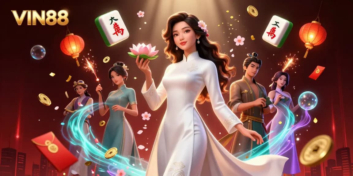 Engage with thrilling VIN88 online casino games featuring a serene Asian woman amidst festive decorations.