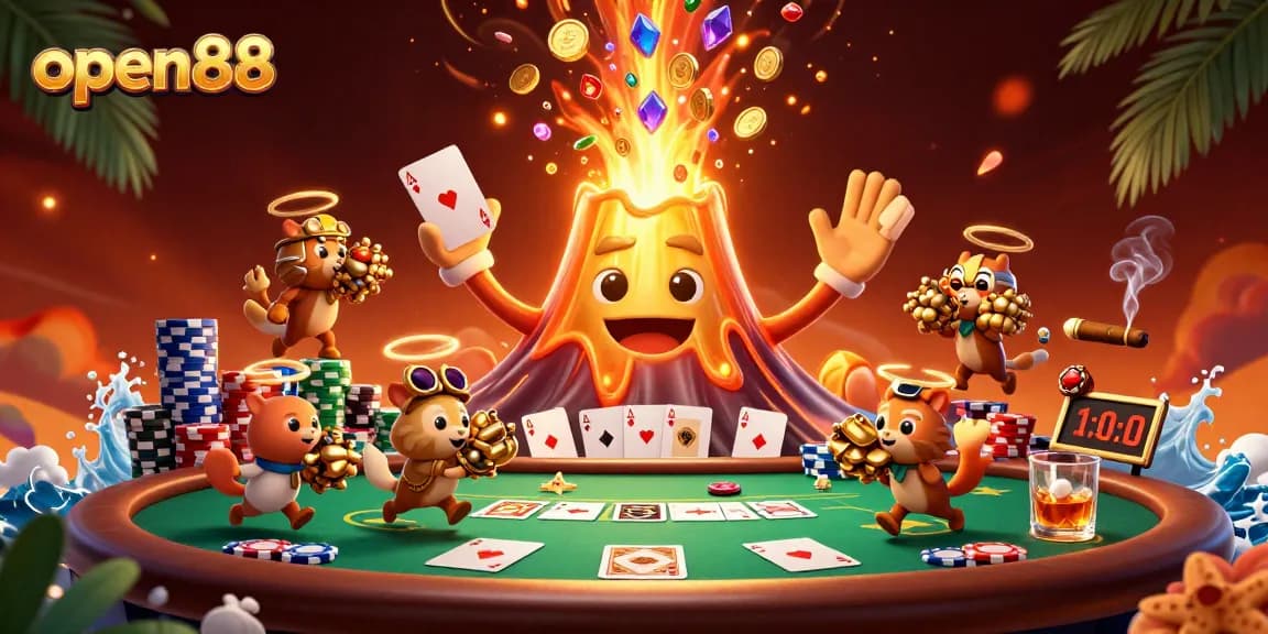 Experience the thrill of open88 with a golden volcano erupting treasures amidst poker excitement.