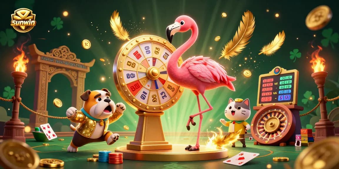 Spin the giant prize wheel with sunwin's flamingo host in an exciting casino scene.