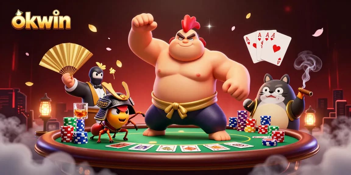 Join the exciting okwin casino scene with a powerful sumo rooster and samurai cricket battling over poker chips.