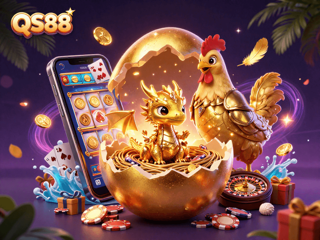 Engage in thrilling gambling experiences at QS88 with a golden dragon emerging from a nest of poker chips.