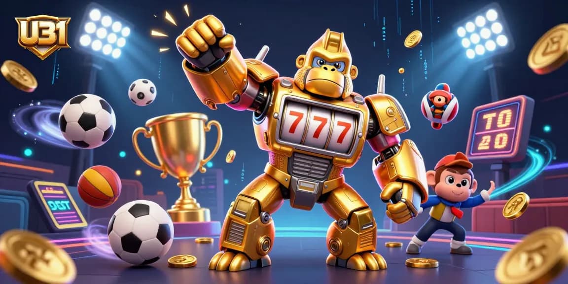 Experience the excitement of U31 with a golden gorilla mech in a vibrant casino illustration!
