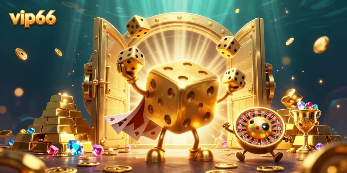 Win big at vip66 with vibrant 3D characters surrounded by treasures and casino elements.