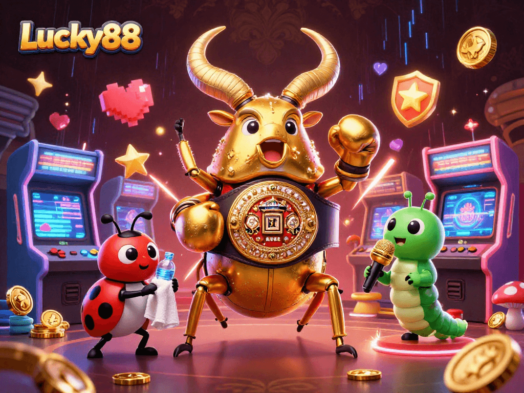 Engage in gambling thrills with Lucky88's vibrant illustration featuring iconic characters in a dynamic casino scene.