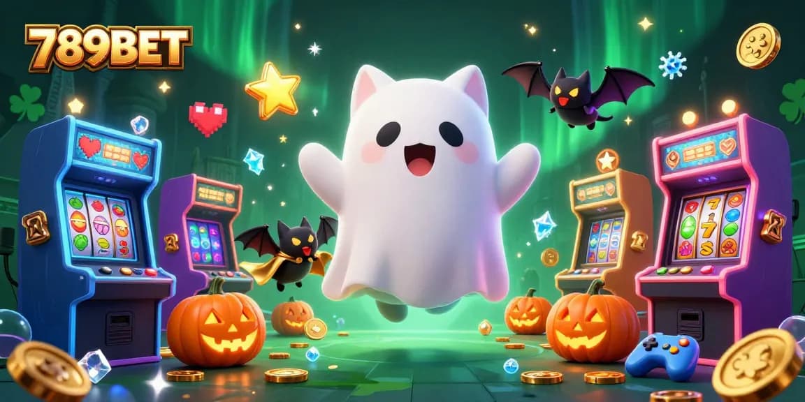 Engage with thrilling gameplay at 789BET: a whimsical casino scene showcasing a ghost cat, a bat, and glowing jack-o-lanterns.