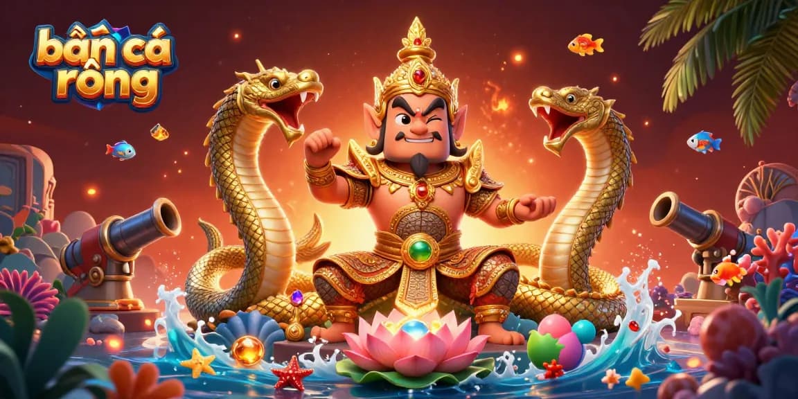Win big with bắn cá rồng as a Thai temple guardian and sea creatures create a vibrant gaming scene.