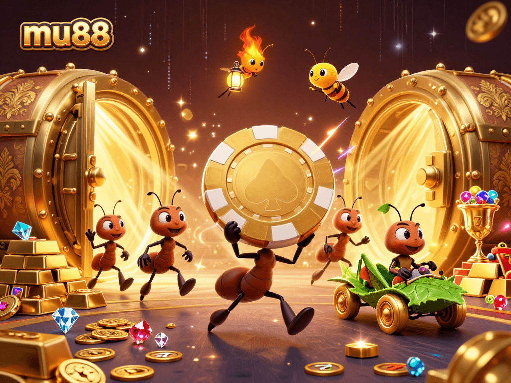Engage with mu88's thrilling adventure featuring ants heisting a giant poker chip.