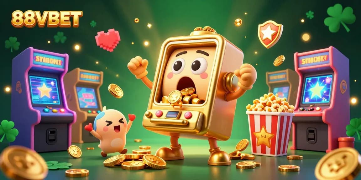 Experience the thrill at 88VBET with a golden slot machine jackpot, coins pouring out, and colorful gaming elements.