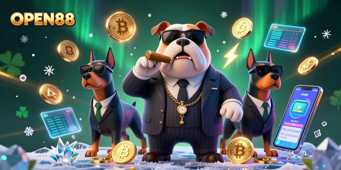 Experience the thrilling excitement of OPEN88 with casino games and cryptocurrency elements in a vibrant 3D scene.