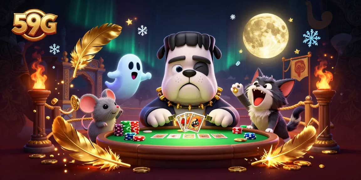 Engage with thrilling 59G gameplay at a haunted casino table, illustrated in vibrant detail.
