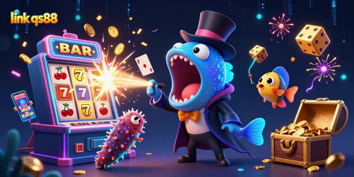 Experience thrilling gameplay with link qs88 as a bioluminescent eel performs magic tricks in a vibrant casino scene.