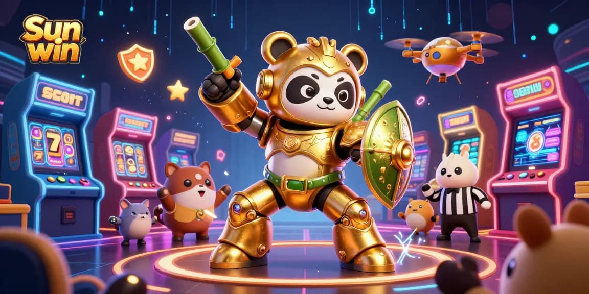 Experience the thrilling gameplay at Sun win with a vibrant 3D illustration featuring a golden panda in action.