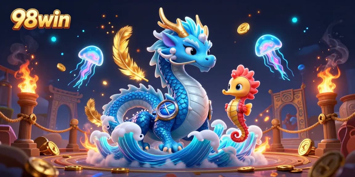 Experience thrilling gameplay with 98win featuring a majestic azure water dragon and vibrant casino elements.